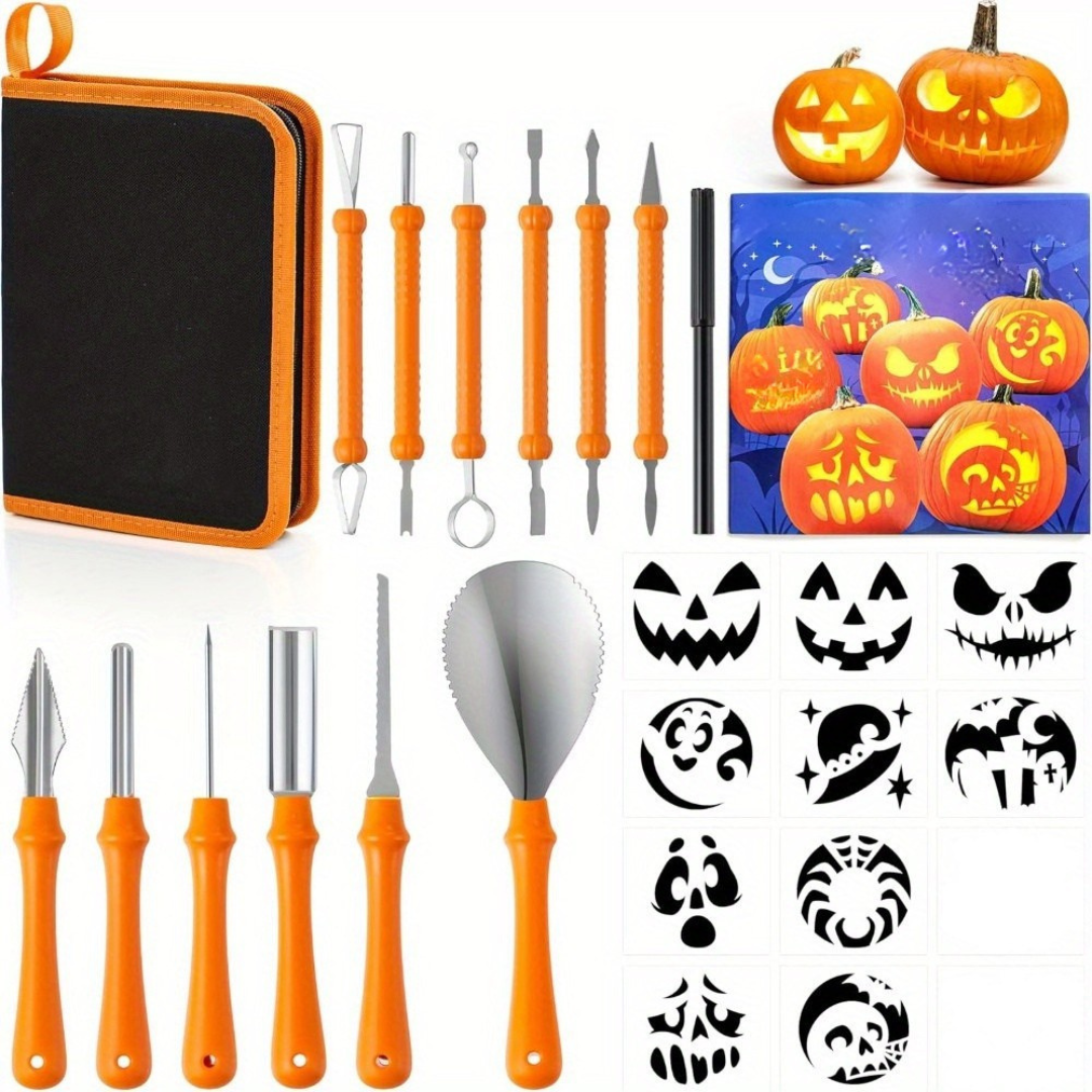 Kit de tallado de calabazas de Halloween con plantillas | Herramientas reutilizables para calabazas talladas fácilmente