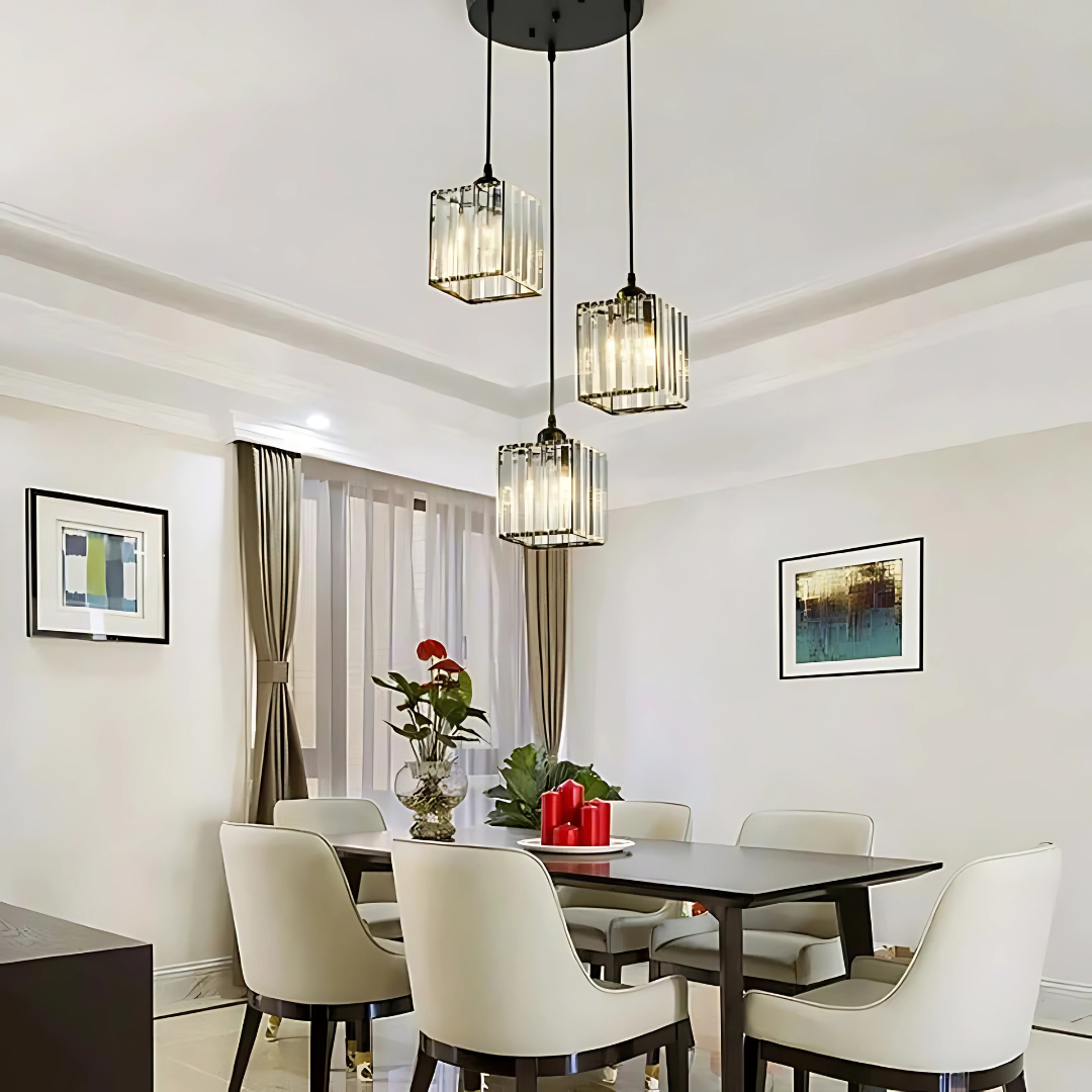 Modern Glass Pendant Light – Round & Rectangle (3-Light Matte Black Fixture)
