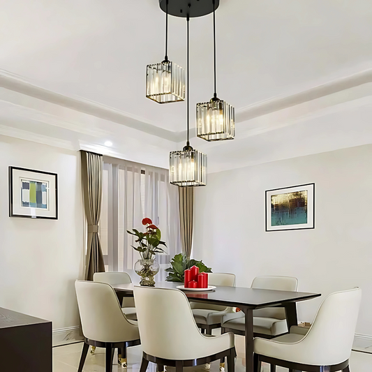 Modern Glass Pendant Light – Round & Rectangle (3-Light Matte Black Fixture)