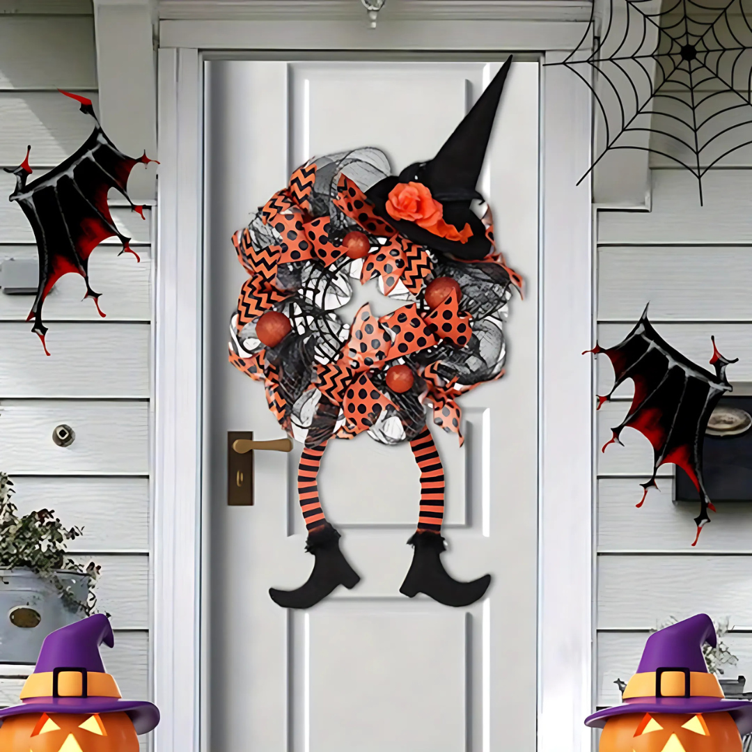 Corona de malla de bruja caprichosa de Halloween | Decoración divertida para la puerta principal