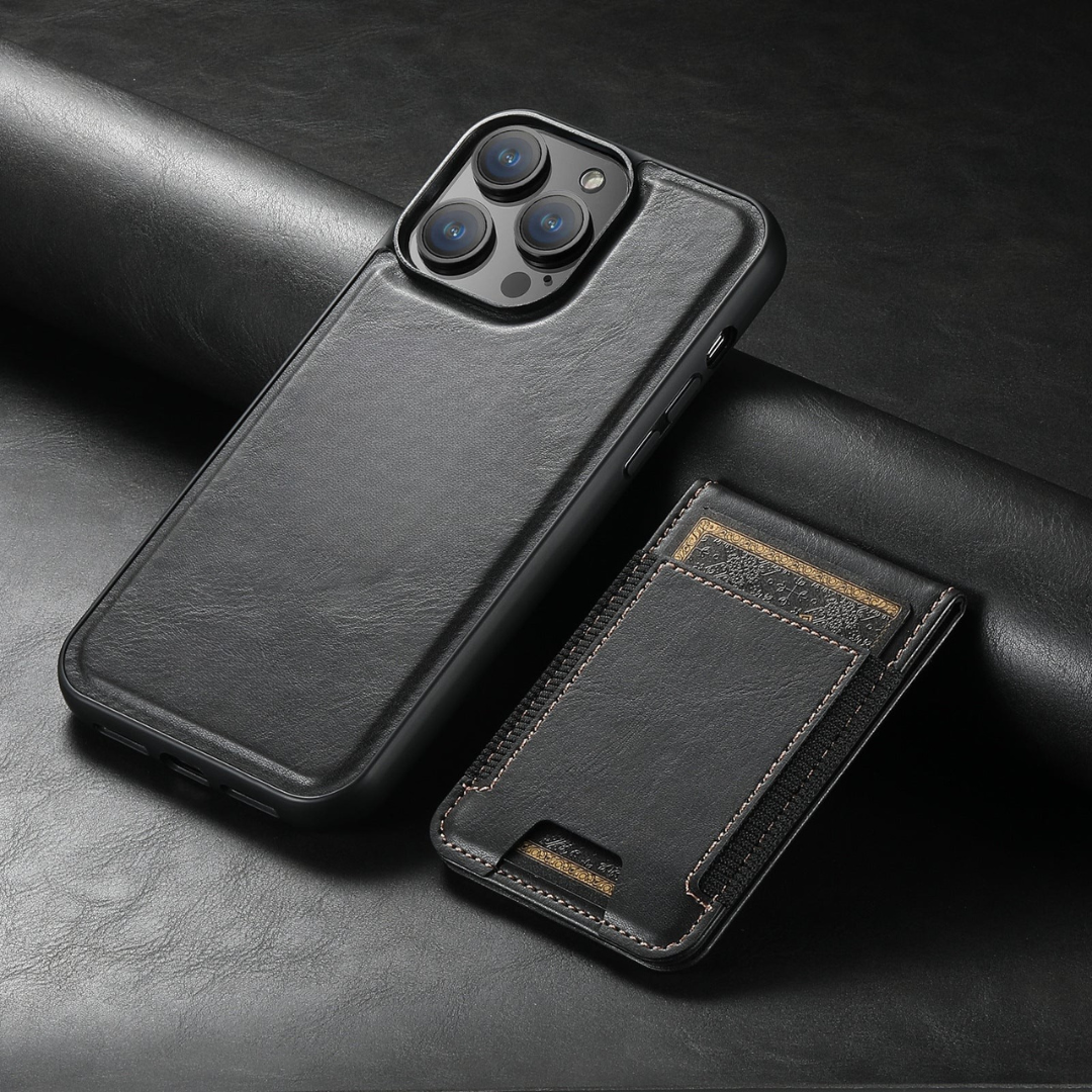 Funda de cuero para teléfono con soporte y tarjetero