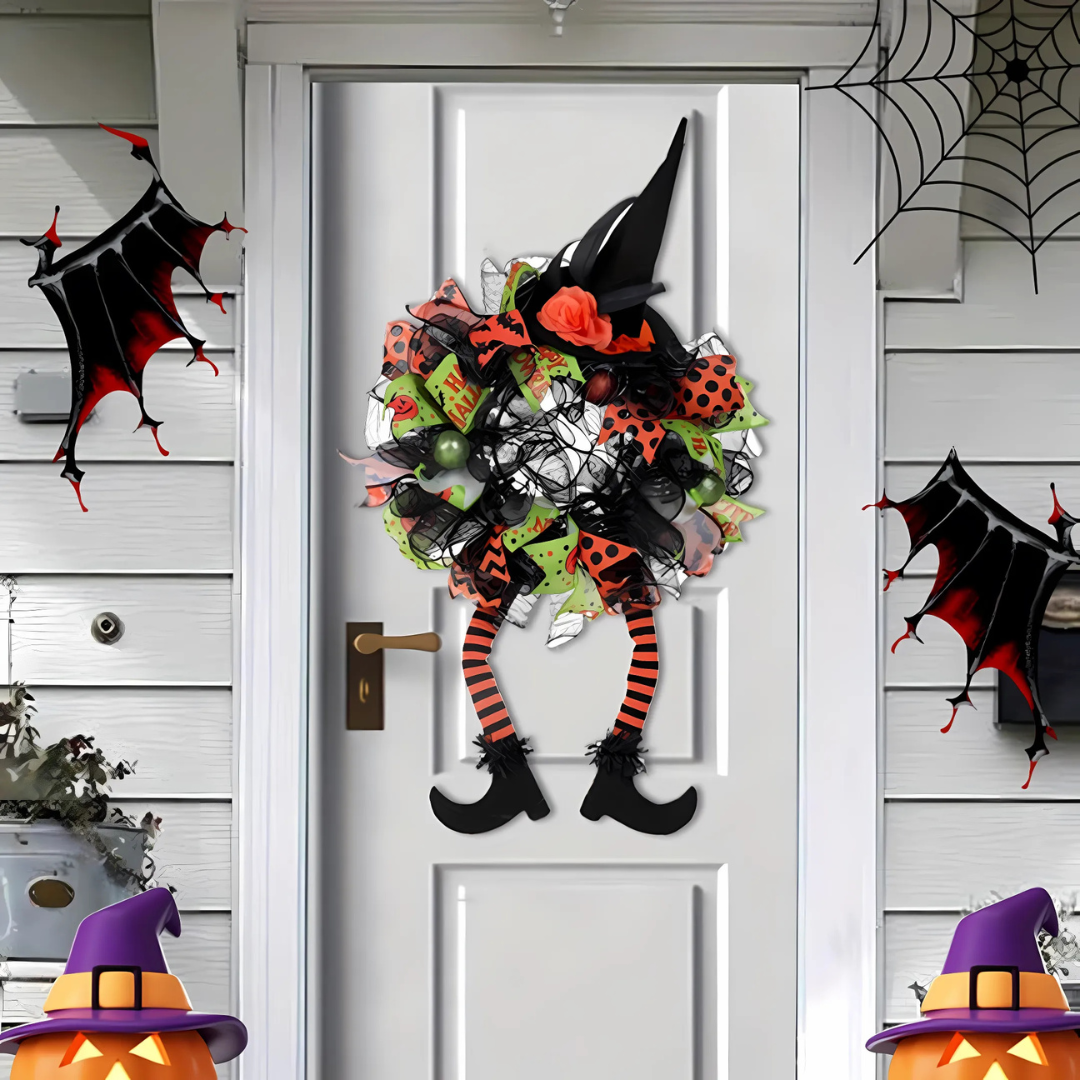 Corona de malla de bruja caprichosa de Halloween | Decoración divertida para la puerta principal
