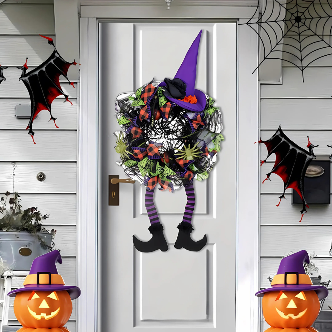 Corona de malla de bruja caprichosa de Halloween | Decoración divertida para la puerta principal