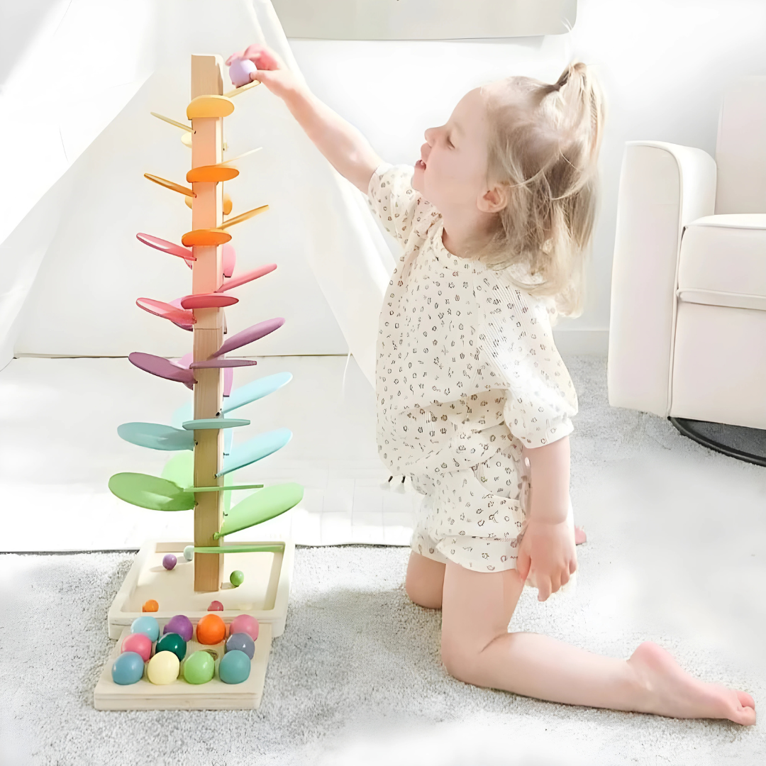 Drewniana tęcza do układania kulkowego z marmuru, zabawka sensoryczna