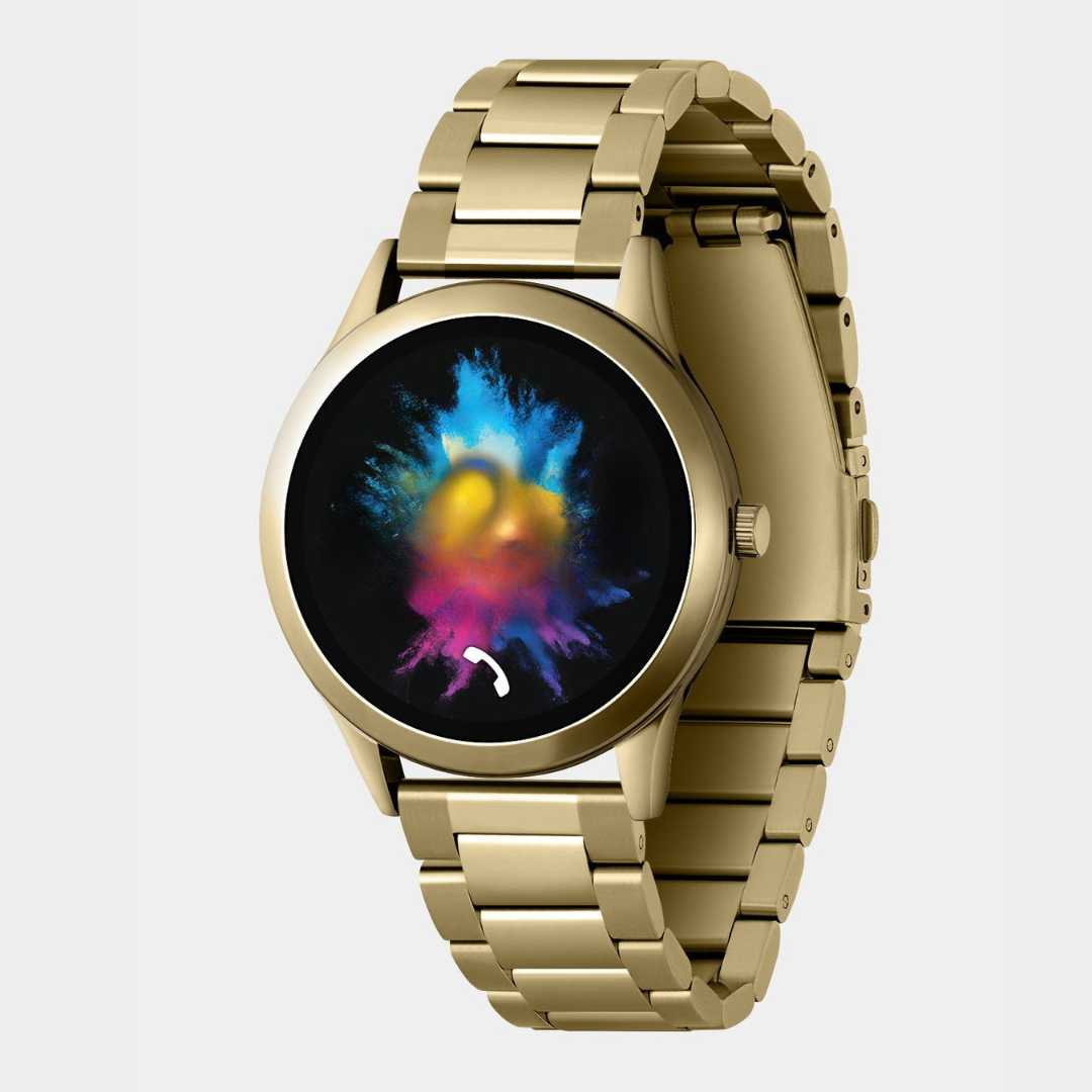 Reloj inteligente correa metálica dorada pantalla Amoled
