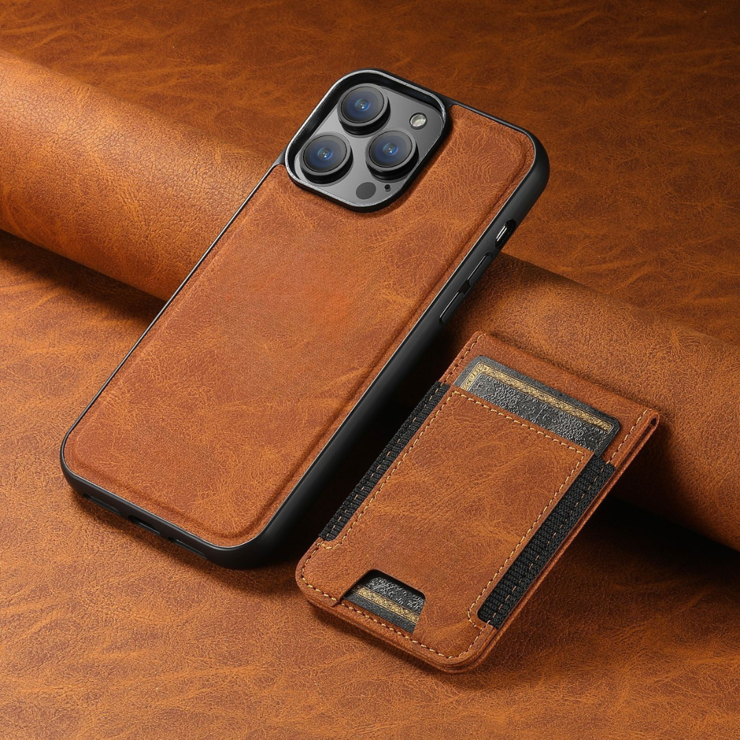 Funda de cuero para teléfono con soporte y tarjetero