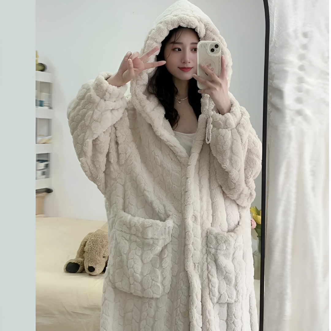 Peignoir en polaire à capuche surdimensionné | Tenue d'intérieur chaude pour l'hiver