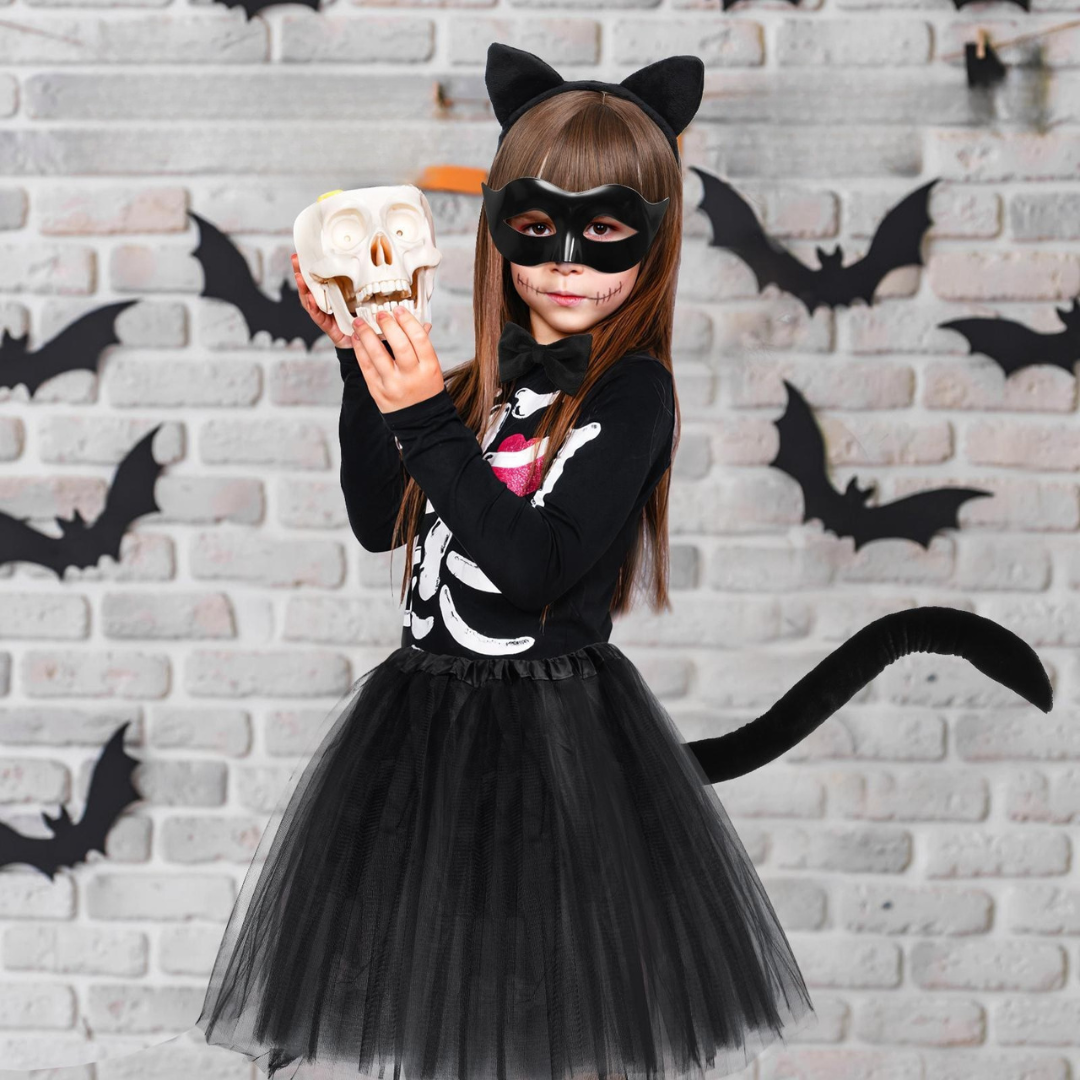 Set Costume Halloween Carino in Tulle per Ragazze | Maschera Gatto Guanti Coda