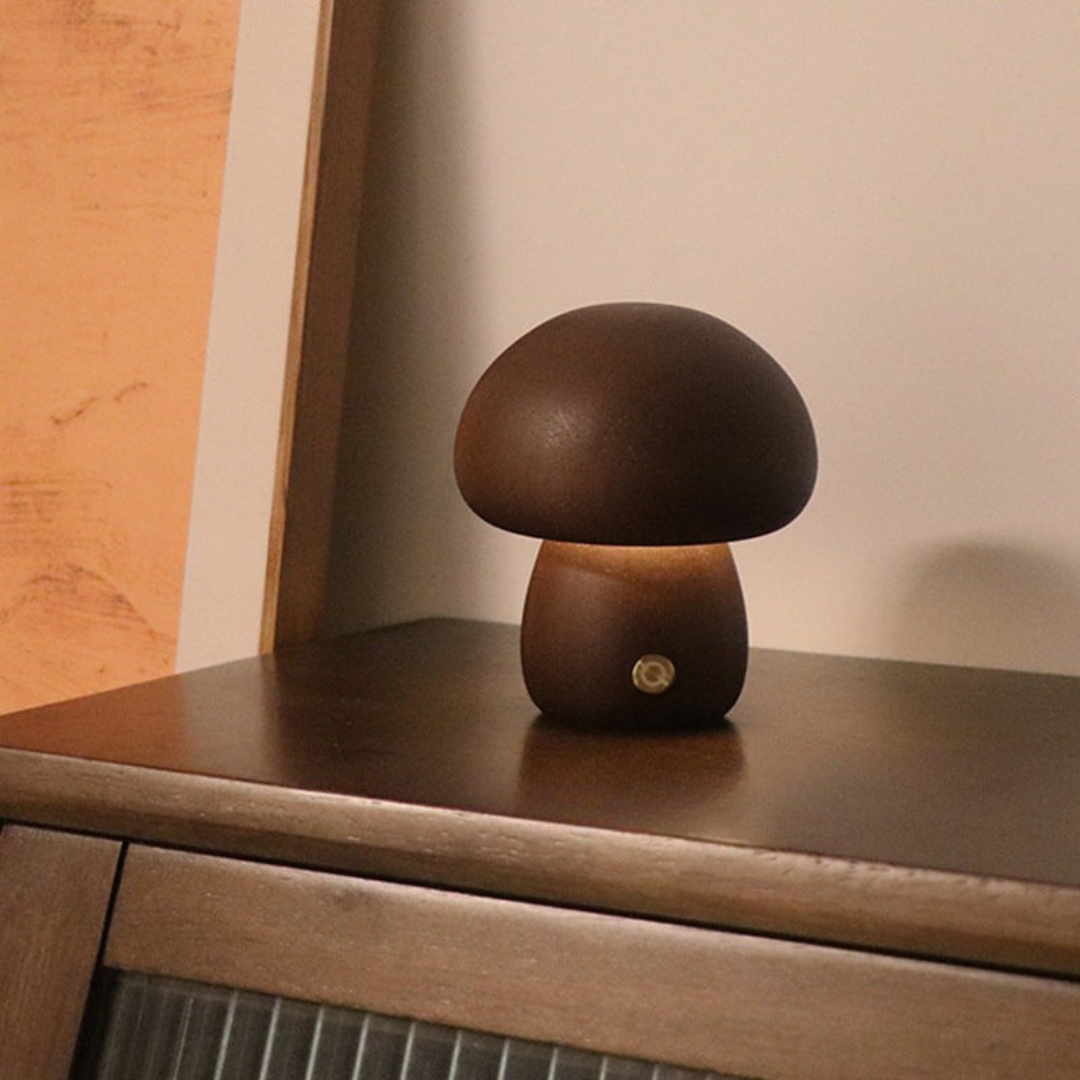 Table Lamp with Wooden Mushroom Design