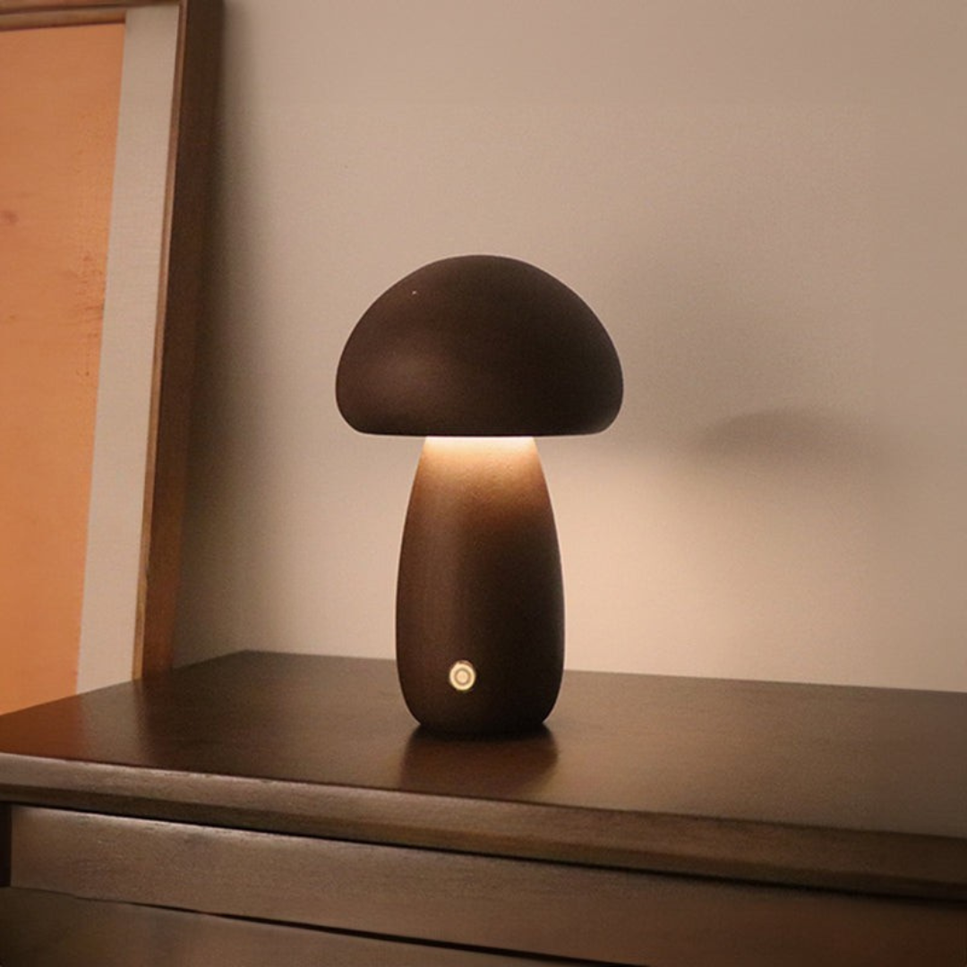 Table Lamp with Wooden Mushroom Design