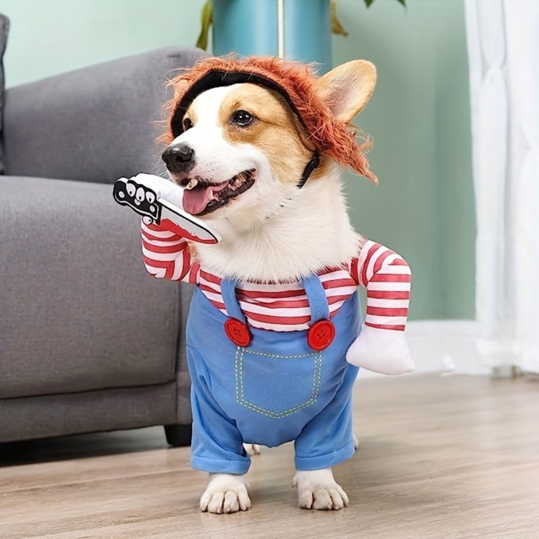 Disfraz de Halloween para perro de peluche divertido | Diseño de muñeca aterradora