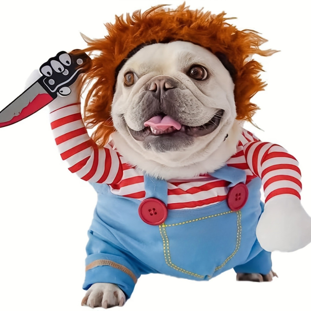 Disfraz de Halloween para perro de peluche divertido | Diseño de muñeca aterradora