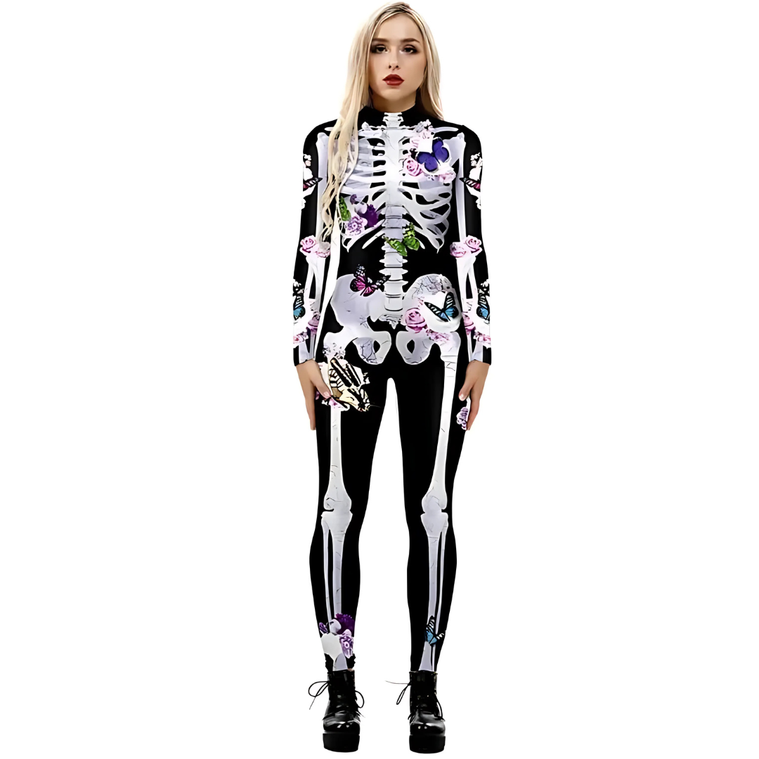 Mono de disfraz de Halloween para mujer | Esqueleto de manga larga