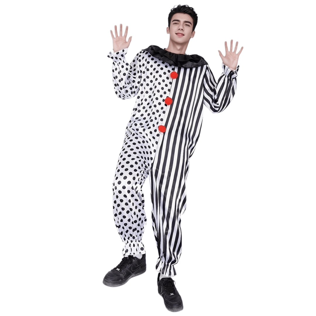 Disfraz de payaso divertido de Halloween para hombre | Mono de lunares y rayas