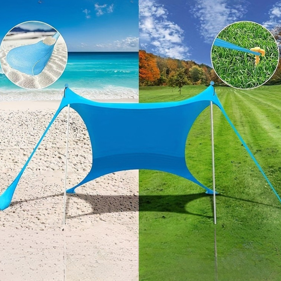 Toldo de sombra para sol de playa con postes