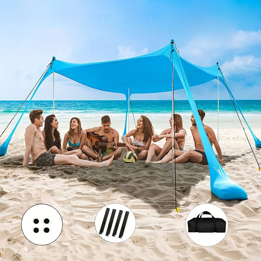 Toldo de sombra para sol de playa con postes