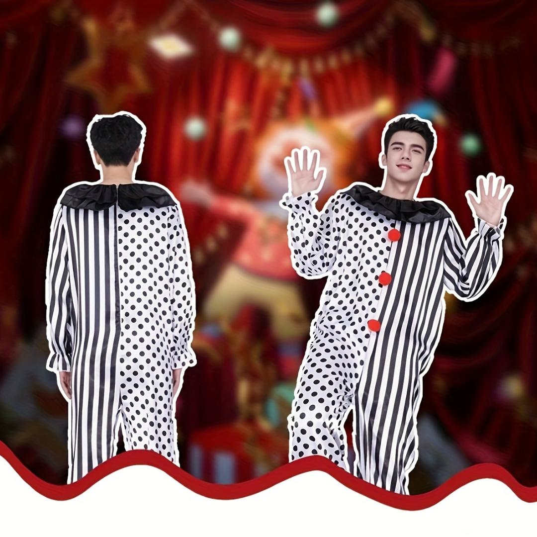 Men’s Funny Halloween Clown Costume Jumpsuit | Polka Dot Striped