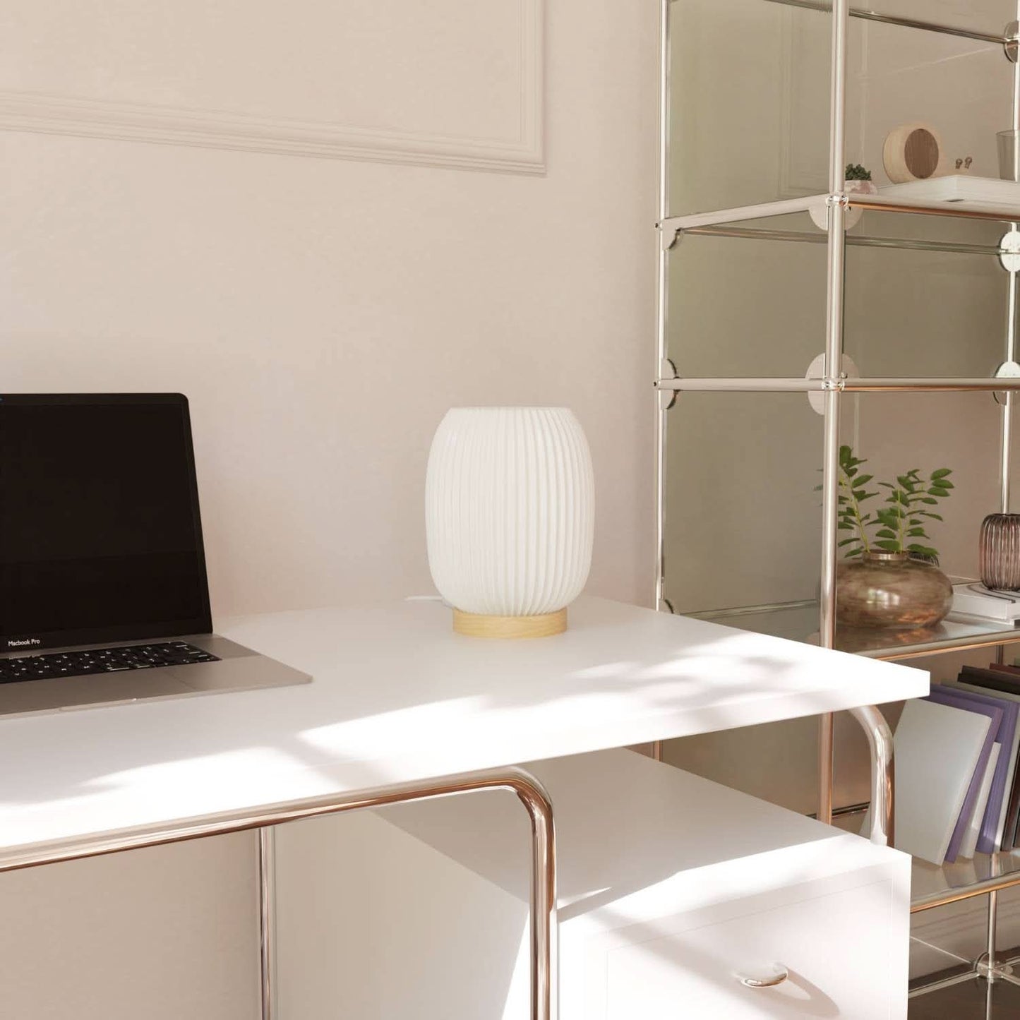 Bedside Lamps White Ribbed Ceramic Wood Base