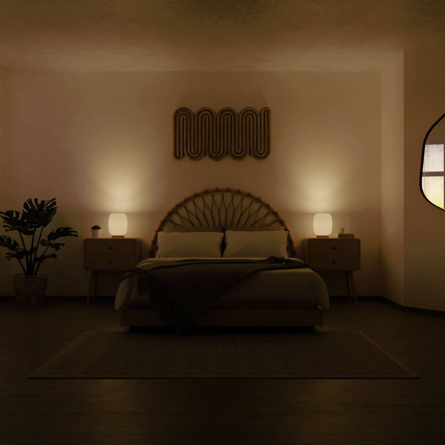 Bedside Lamps White Ribbed Ceramic Wood Base