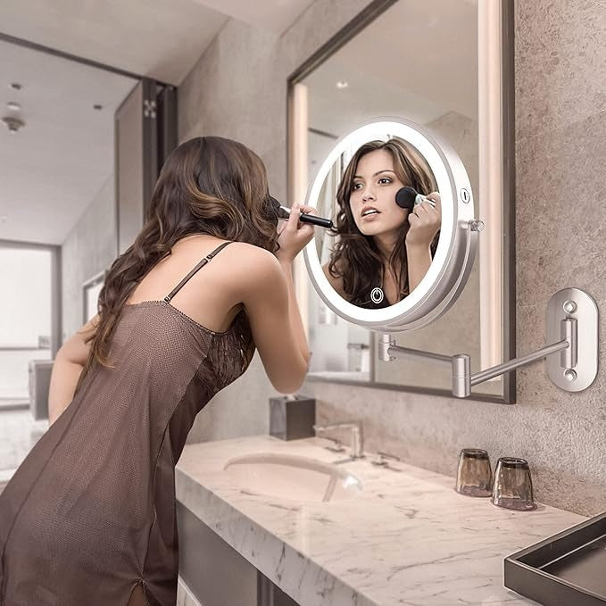 LED Wall Mirror with Magnification and Chrome Frame