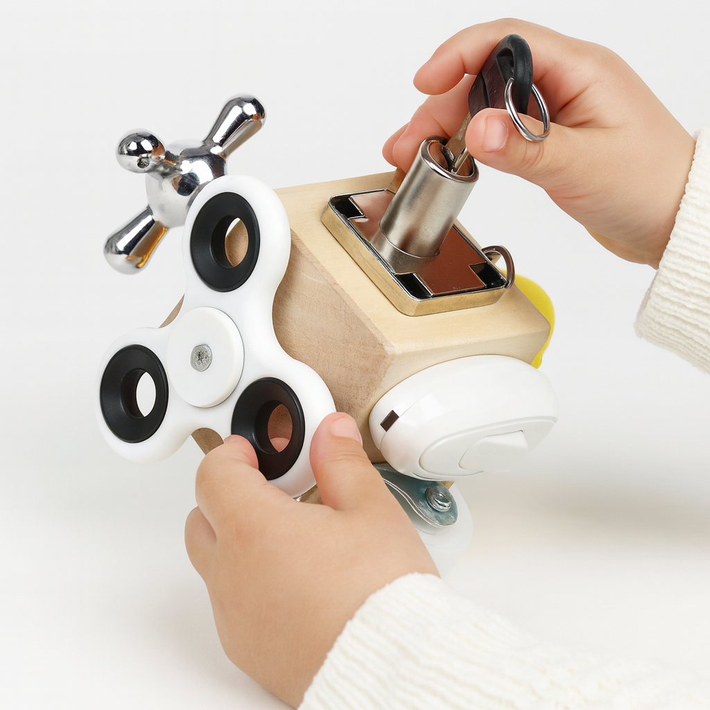 Drewniana zabawka edukacyjna Montessori w formie kostki