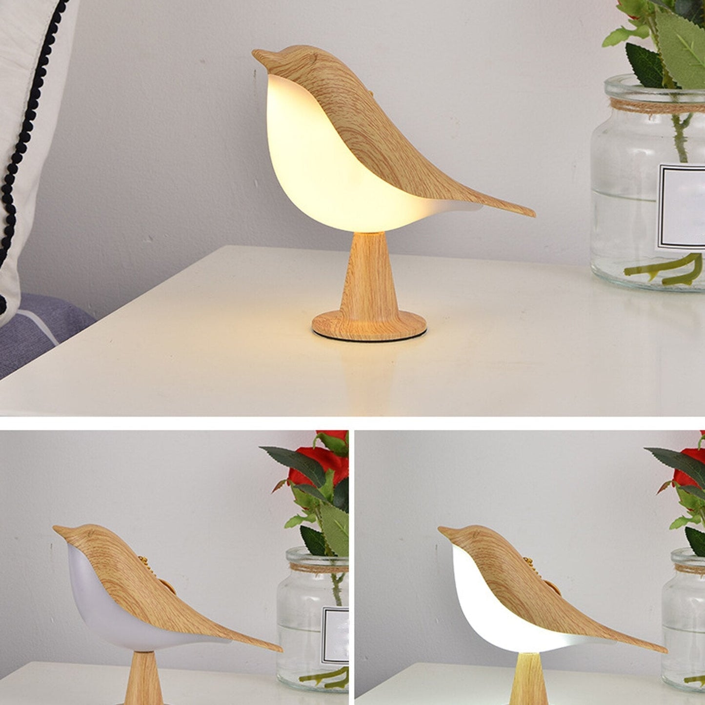 Moderne Holz-LED-Tischlampe im Vogel-Design