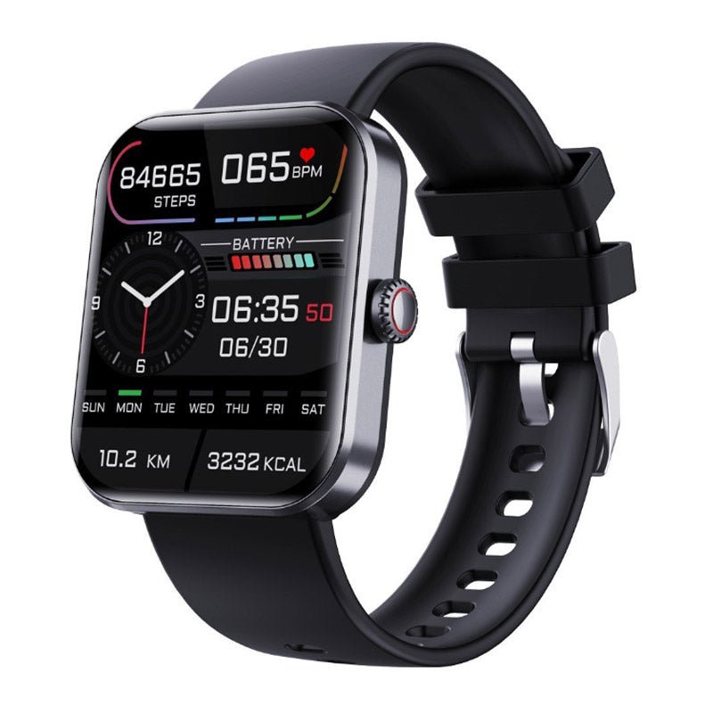 Schwarze Smartwatch mit rechteckigem Display, Fitness-Tracker, Herzfrequenzmesser, Schrittzähler.