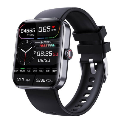 Schwarze Smartwatch mit rechteckigem Display, Fitness-Tracker, Herzfrequenzmesser, Schrittzähler.