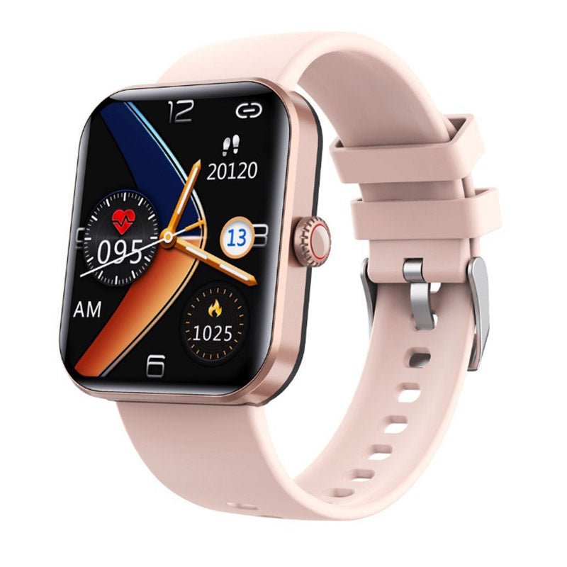 Smartwatch in Roségold mit Fitness-Tracker, Herzfrequenzmesser und Silikonarmband.